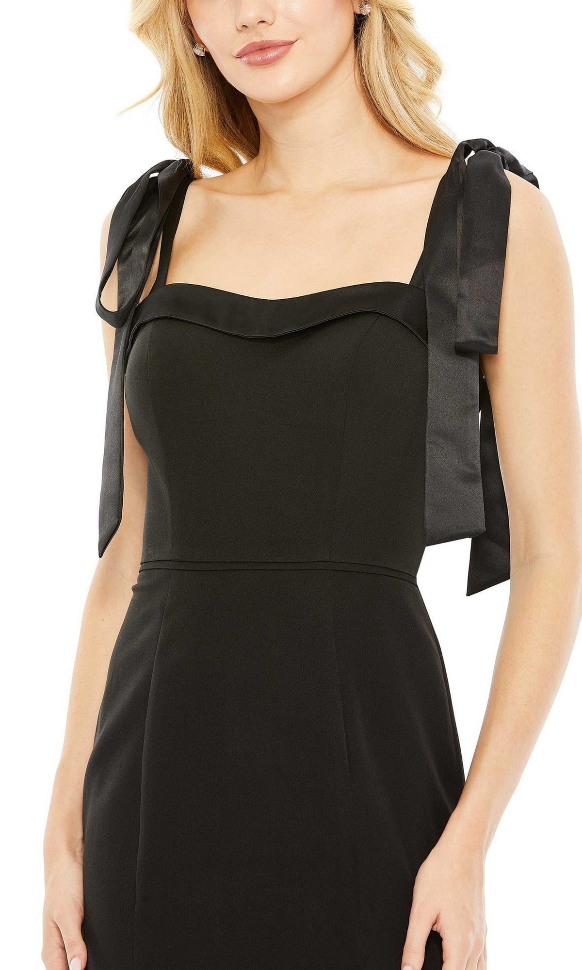 Model wears the Tie-Strap Long Black Formal Dress (Mac Duggal 49620), featuring a sleeveless design, square neckline, and ribbon-tie shoulder straps; shown from shoulders to mid-thigh.